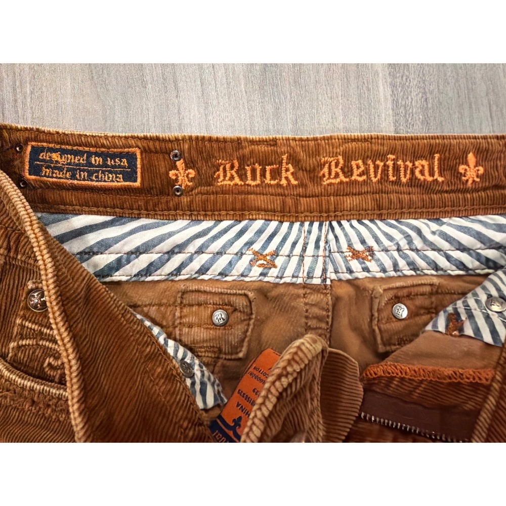 Rock Revival Jen Skinny Corduroy Pants Brown Fleur De Lis RJ8156S39 Size 29 - Picture 3 of 10